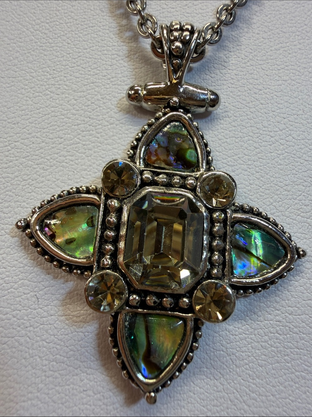 Silver Tone Statement Necklace • Iridescent Stones • Excellent Condition
